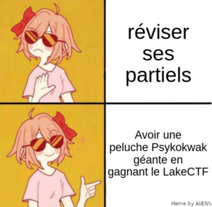 Meme en 4 case, selon le pattern de "Drake pas content/content", dans sa version Coolyori. En haut à gauche, une fille dessinée dans un style de manga (Sayori dans DDLC) avec des lunettes de soleil, qui semble refuser quelque chose. À gauche, le texte "réviser ses partiels". En dessous, à gauche la même fille, mais qui semble se réjouir et à droite, le texte "Avoir une peluche Psykokwak géante en gagnant le LakeCTF". En bas dans le coin, un filigrane "Meme by AliENS"