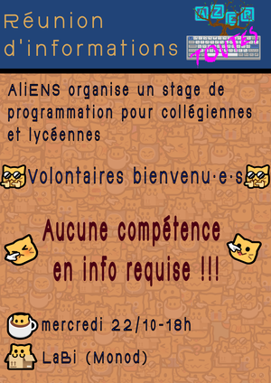 Affiche divisee en deux horizontalement, fond bleu marine en haut avec ecrit "Reunion d'informations" ainsi que le logo Azertoutes. La division du bas contient un fond orange rempli de neocats, ainsi qu'une breve description du stage d'initiation a la programmation. On recherche des volontaires, et on rassure le lecteur que les volontaires n'ont pas besoin de compétence en informatique pour contribuer. La reunion a eu lieu le mercredi 22 octobre 2025 a 18h, au LaBi a Monod.